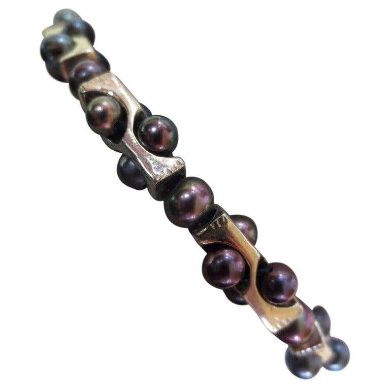 Men's Geometric Black Pearl Bracelet with Sterling Silver & 14k White Gold