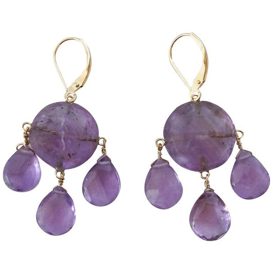 Unique Amethyst Drop Earrings with 14 Karat Yellow Gold Lever-Backs