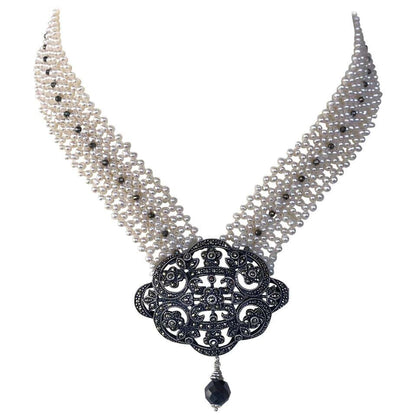 Woven Pearl Necklace with Vintage Silver Centerpiece and Black Spinel