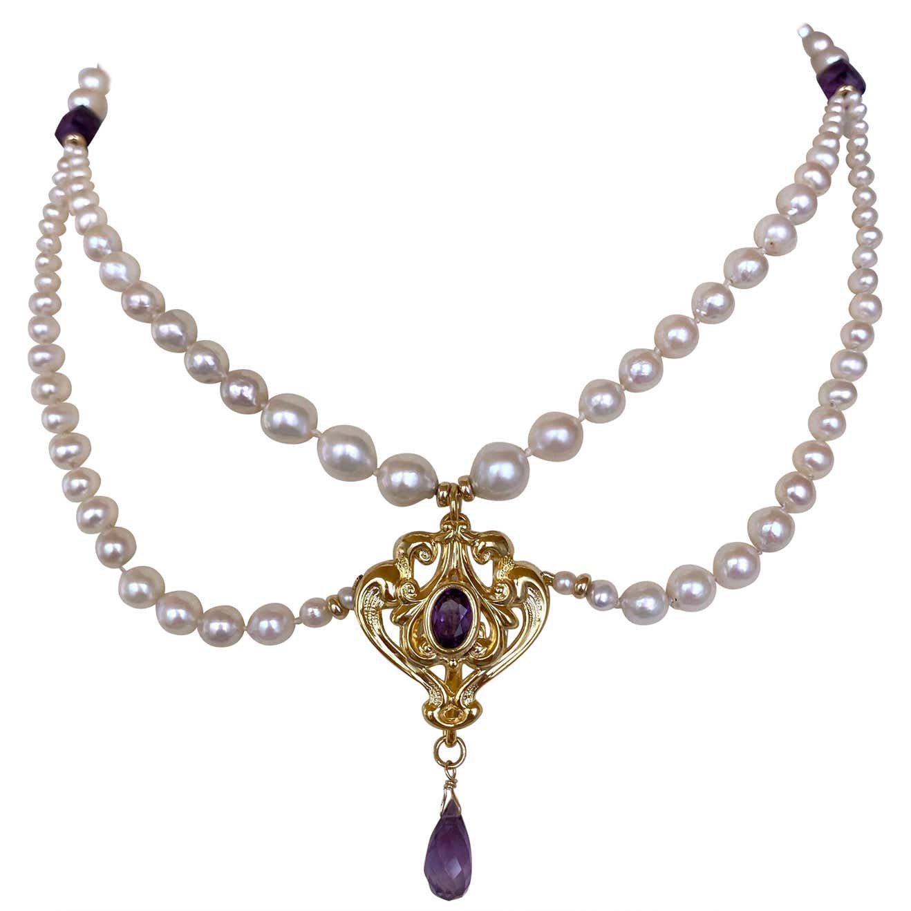 Graduated Pearl and Amethyst Necklace with 14K Yellow Gold Plated Centerpiece