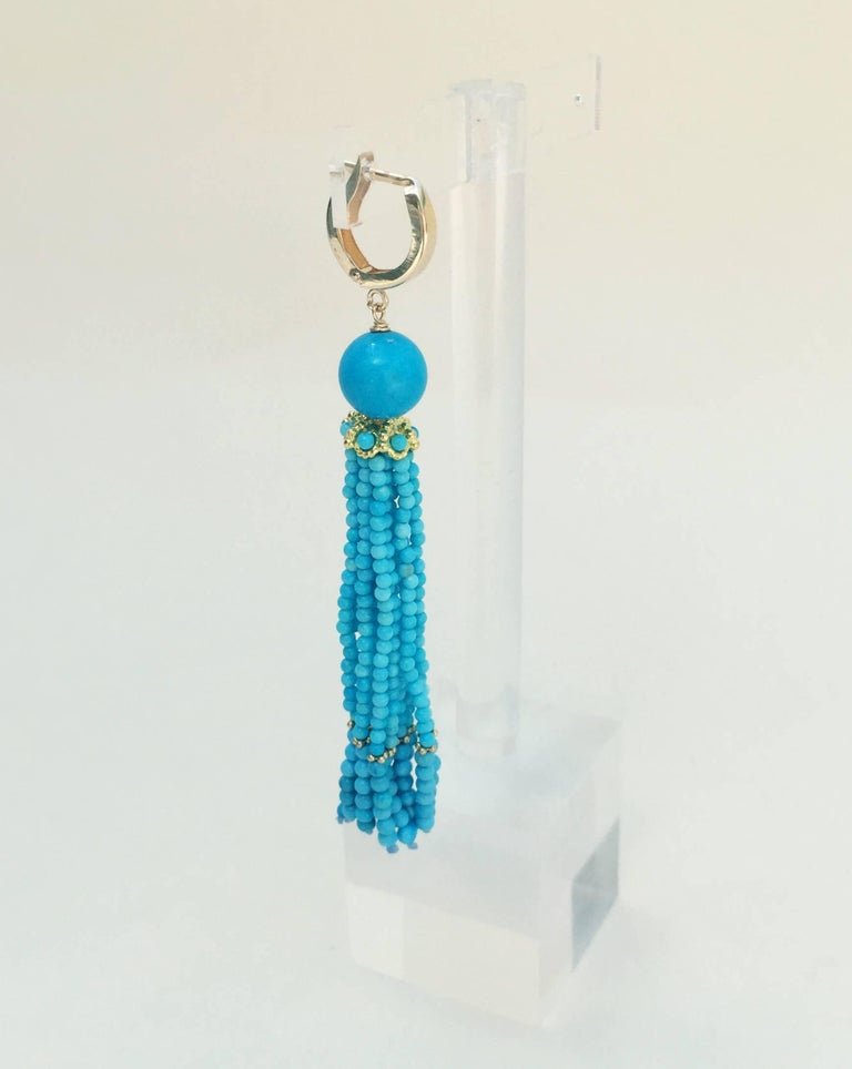 Turquoise Tassel Earrings with 14 K Gold Cup and Lever Back