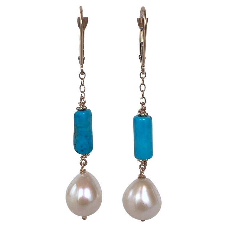 14k, Turquoise & Baroque Pearl Lever Back Earrings