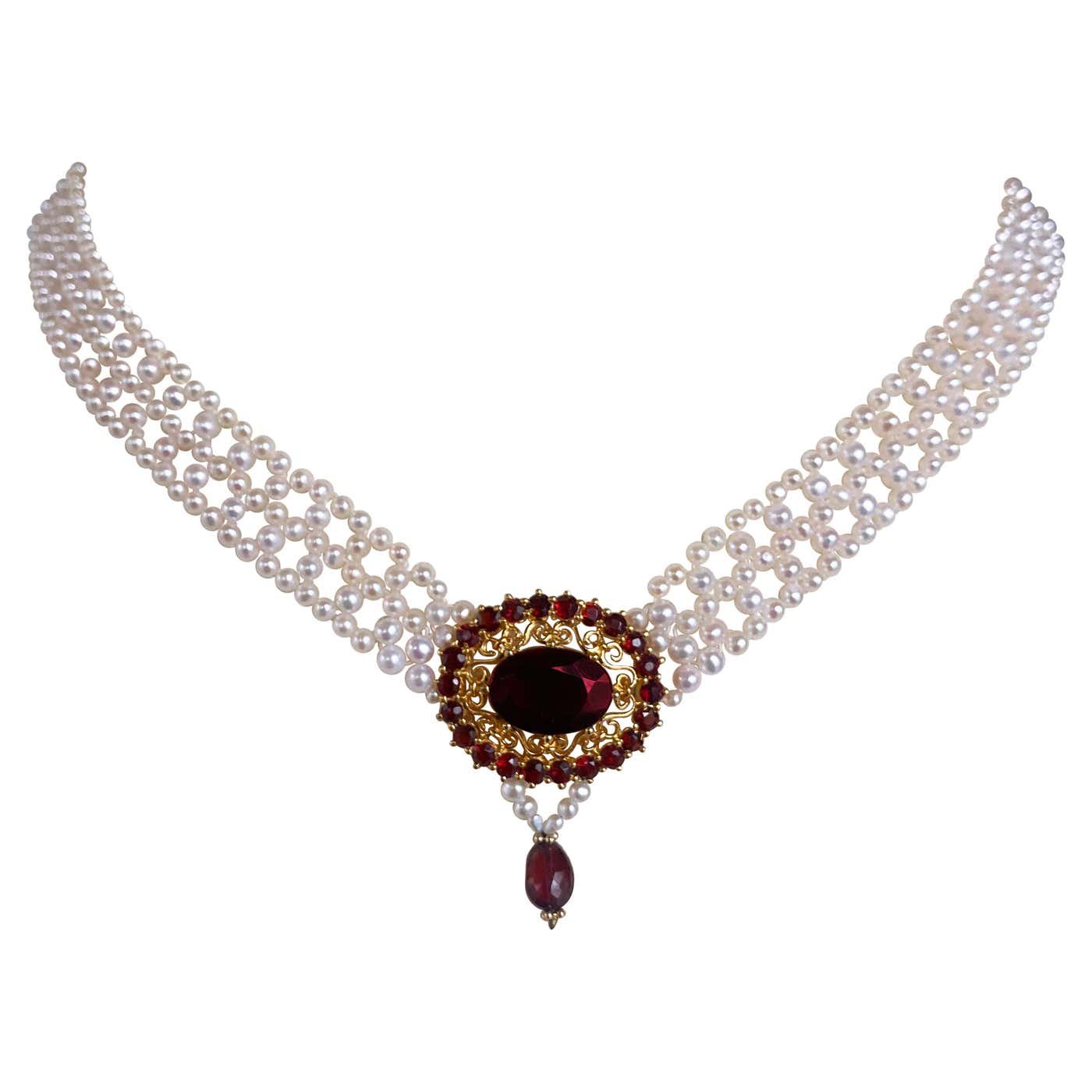 Pearl Woven Necklace with Gold Plated Vintage Garnet Brooch