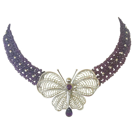 Amethyst Woven Necklace with Vintage Silver Butterfly Brooch, Beads & Clasp