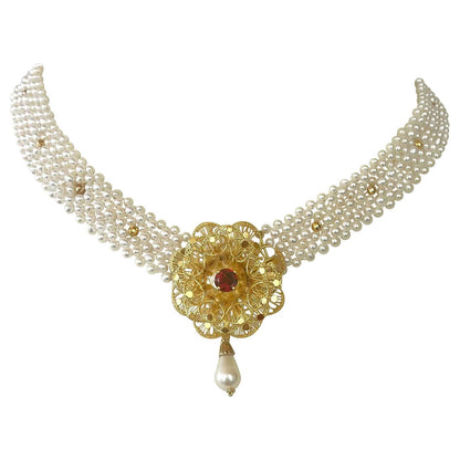 Woven Pearl Necklace With Gold Plated Vintage Garnet Brooch