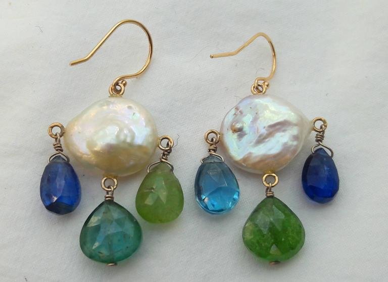 Pearl, Kyanite, Iolite, Tourmaline, Topaz & 14k Yellow Gold Earrings