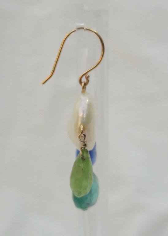 Pearl, Kyanite, Iolite, Tourmaline, Topaz & 14k Yellow Gold Earrings