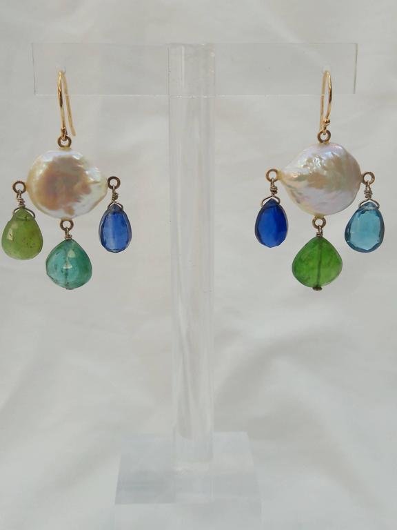 Pearl, Kyanite, Iolite, Tourmaline, Topaz & 14k Yellow Gold Earrings