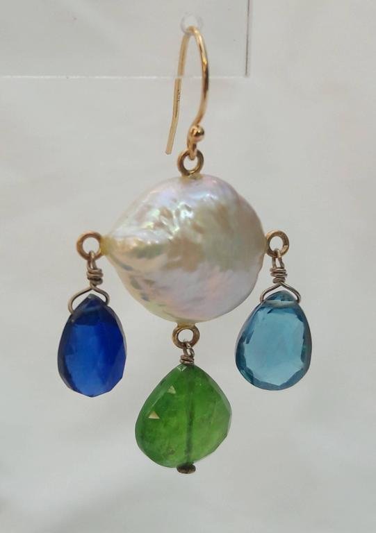 Pearl, Kyanite, Iolite, Tourmaline, Topaz & 14k Yellow Gold Earrings