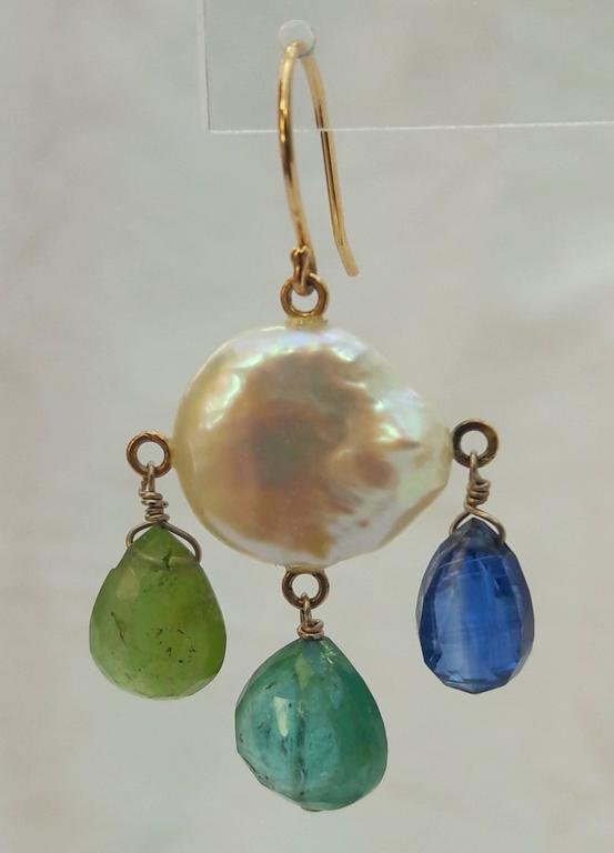 Pearl, Kyanite, Iolite, Tourmaline, Topaz & 14k Yellow Gold Earrings