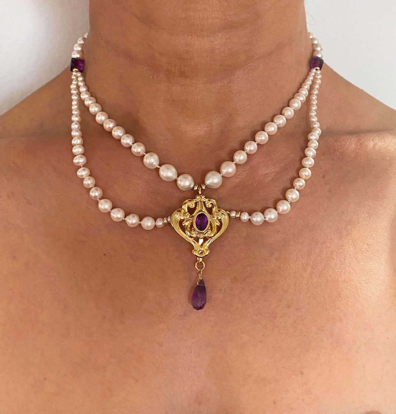 Graduated Pearl and Amethyst Necklace with 14K Yellow Gold Plated Centerpiece