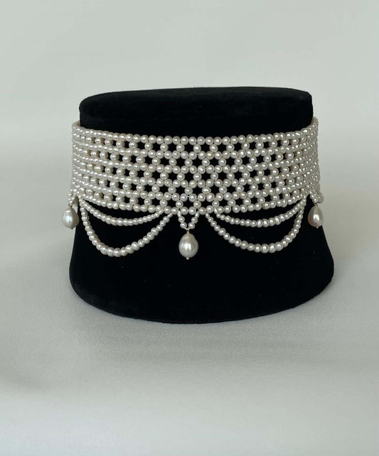 Woven Pearl Draped Choker with Pearl Drops and Secure Sliding Clasp