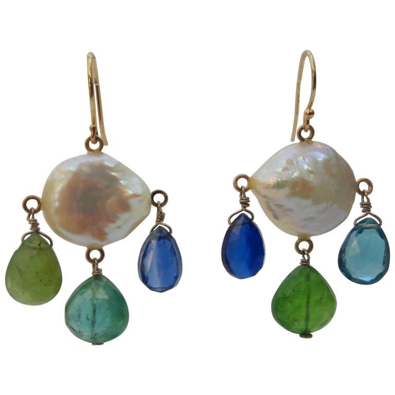 Pearl, Kyanite, Iolite, Tourmaline, Topaz & 14k Yellow Gold Earrings
