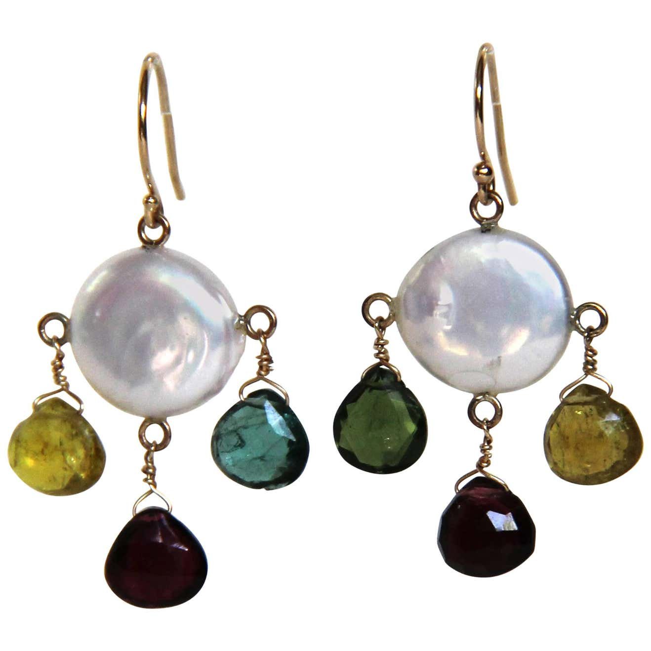 Multicolor Tourmaline, Pearls and 14 k Yellow Gold Earrings