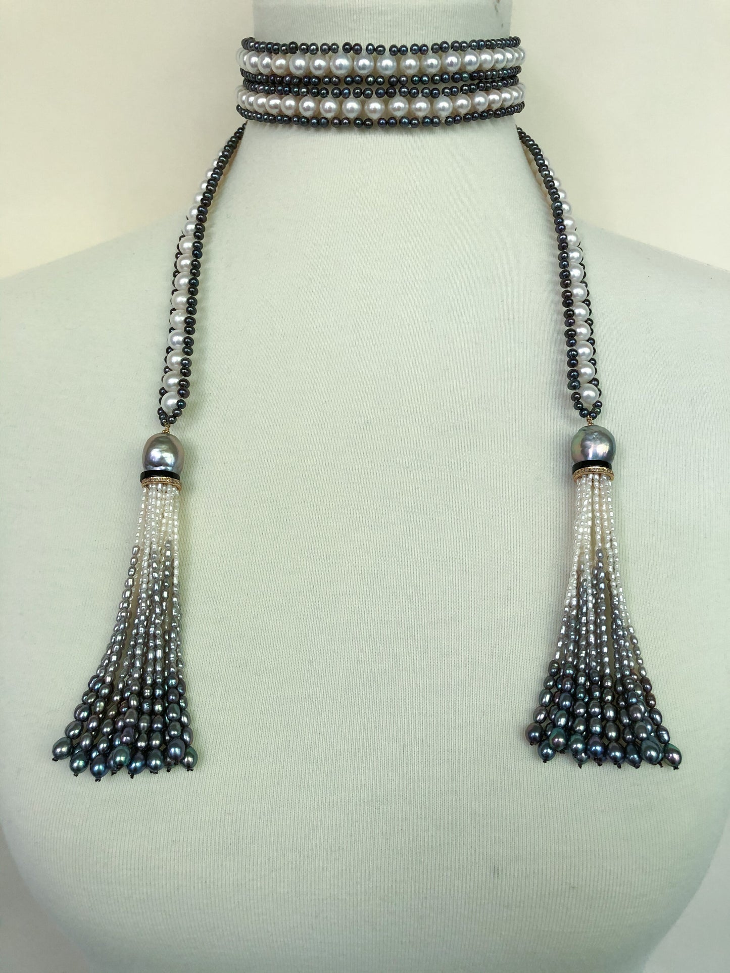 Marina J. White, Black and Grey Pearl Sautoir with Ombre Graduated Tassels