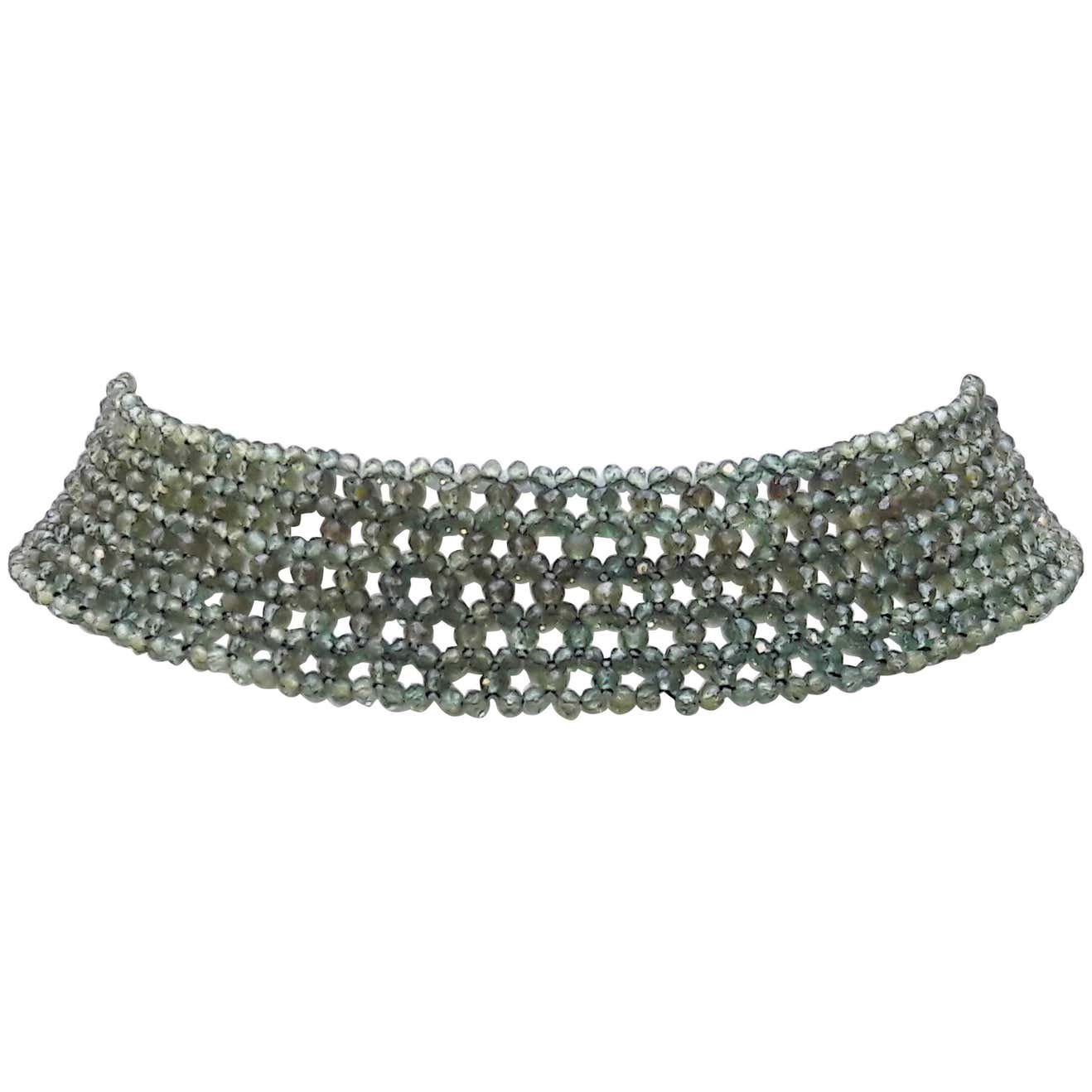 Woven Faceted Green Onyx Choker with Yellow Gold Plated Silver Clasp