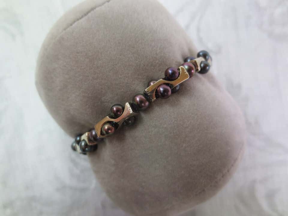 Men's Geometric Black Pearl Bracelet with Sterling Silver & 14k White Gold