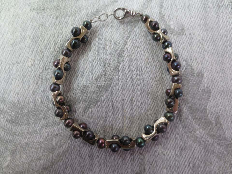 Men's Geometric Black Pearl Bracelet with Sterling Silver & 14k White Gold