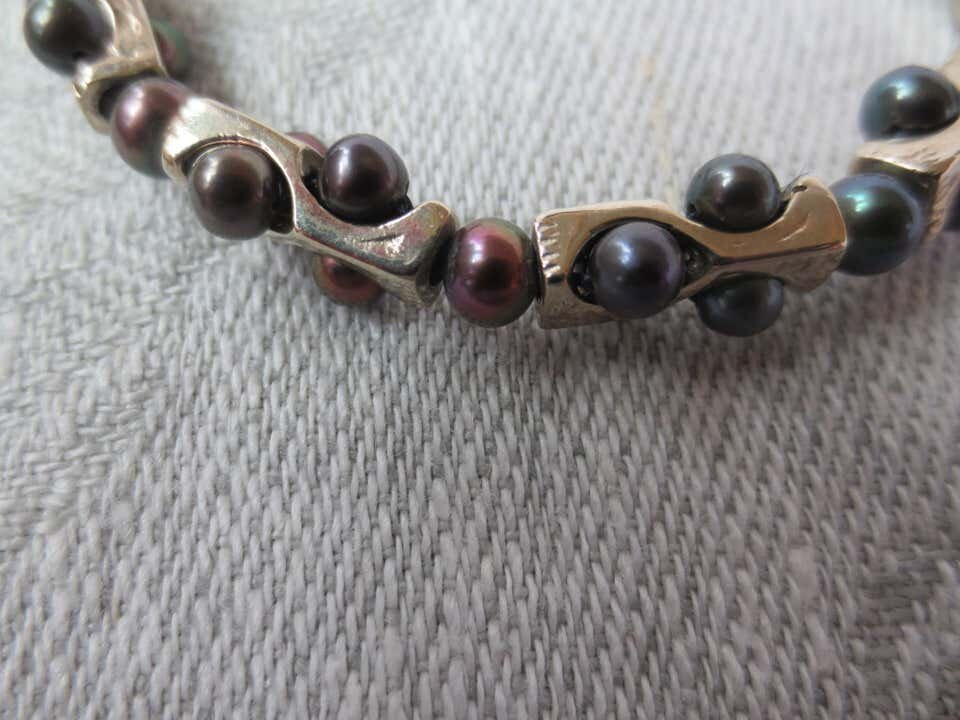 Men's Geometric Black Pearl Bracelet with Sterling Silver & 14k White Gold