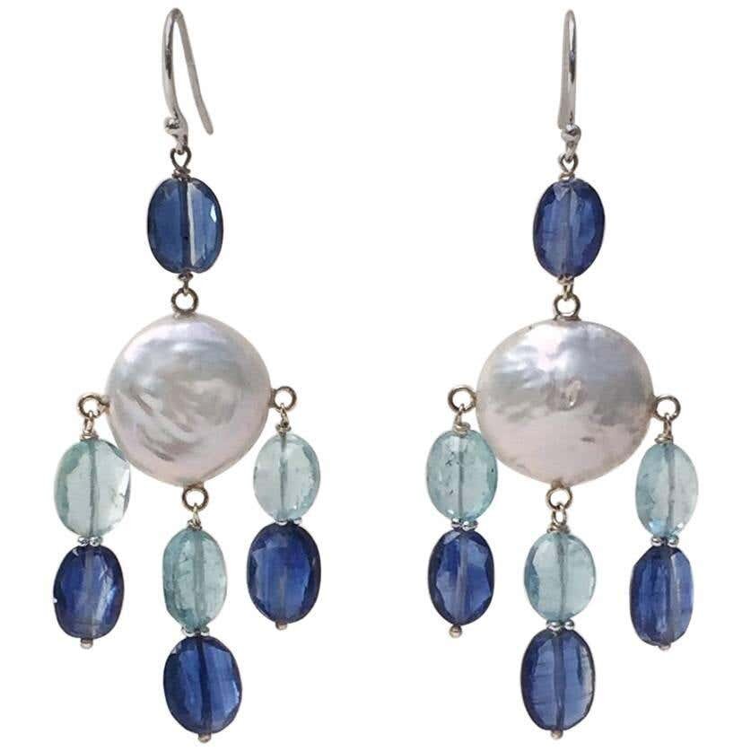 Pearl, Kyanite and Aqumarine Lever Back Earrings with 14k White Gold