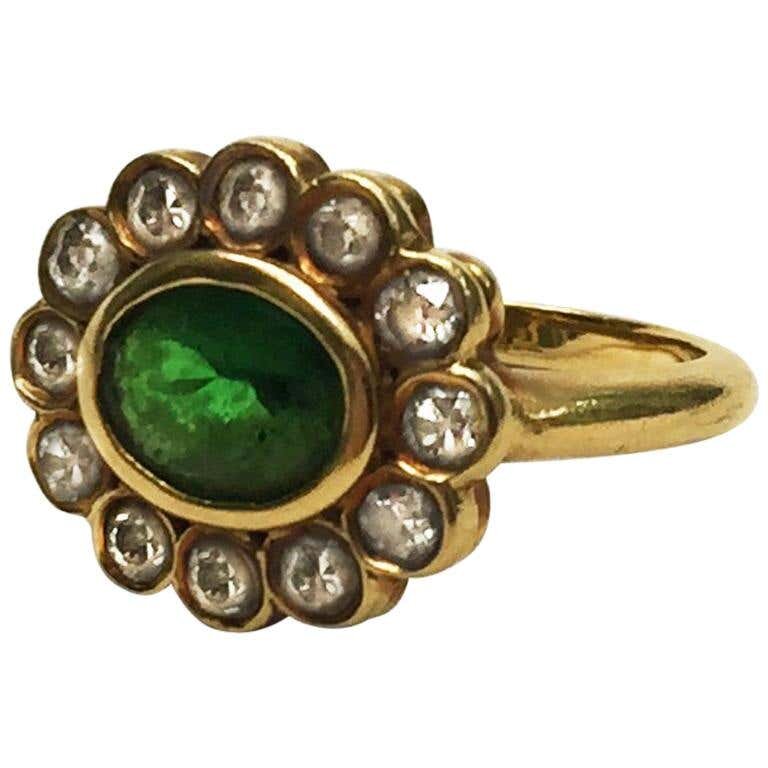 Emerald and Old Cut Diamond 18K Yellow Gold Ring