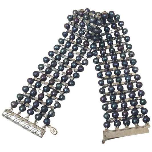 Unisex Black Pearl, Rhodium Plated Sterling Silver Beaded Cuff Bracelet