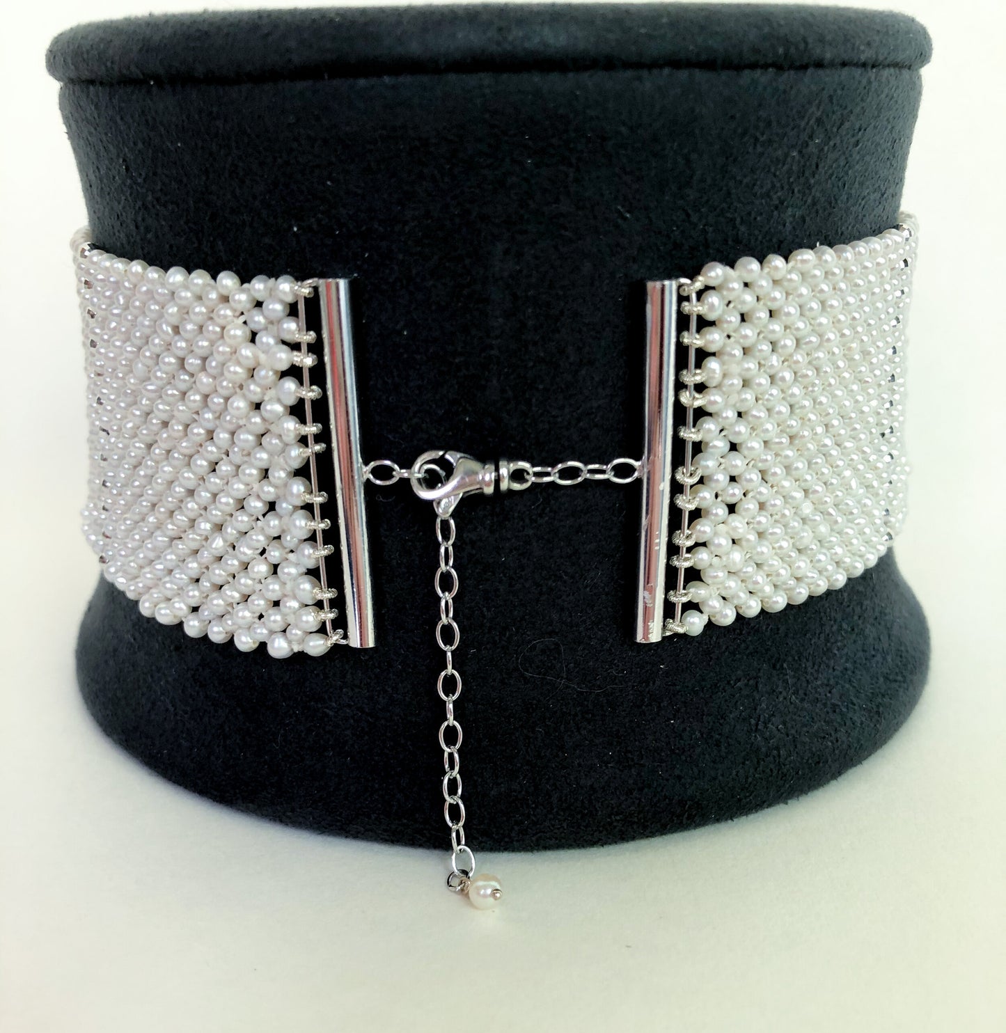Marina J. Wide Woven Pearl Choker with Silver Beads and Adjustable Clasp