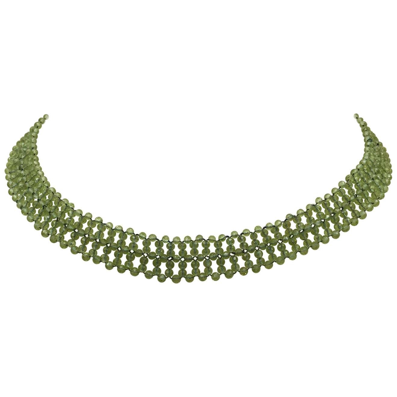 Woven Peridot Necklace with 14K Yellow Gold Clasp & Garnet Brooch