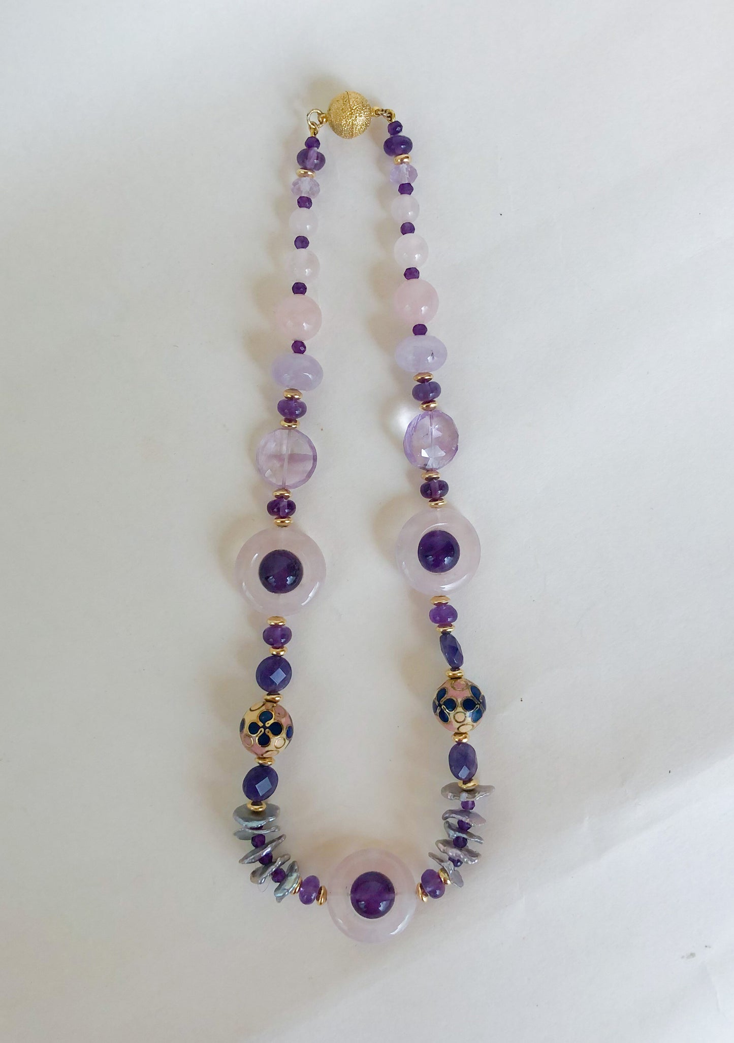 Amethyst, Rose Quartz, Pink Aquamarine & Pearl Necklace with 14k Gold