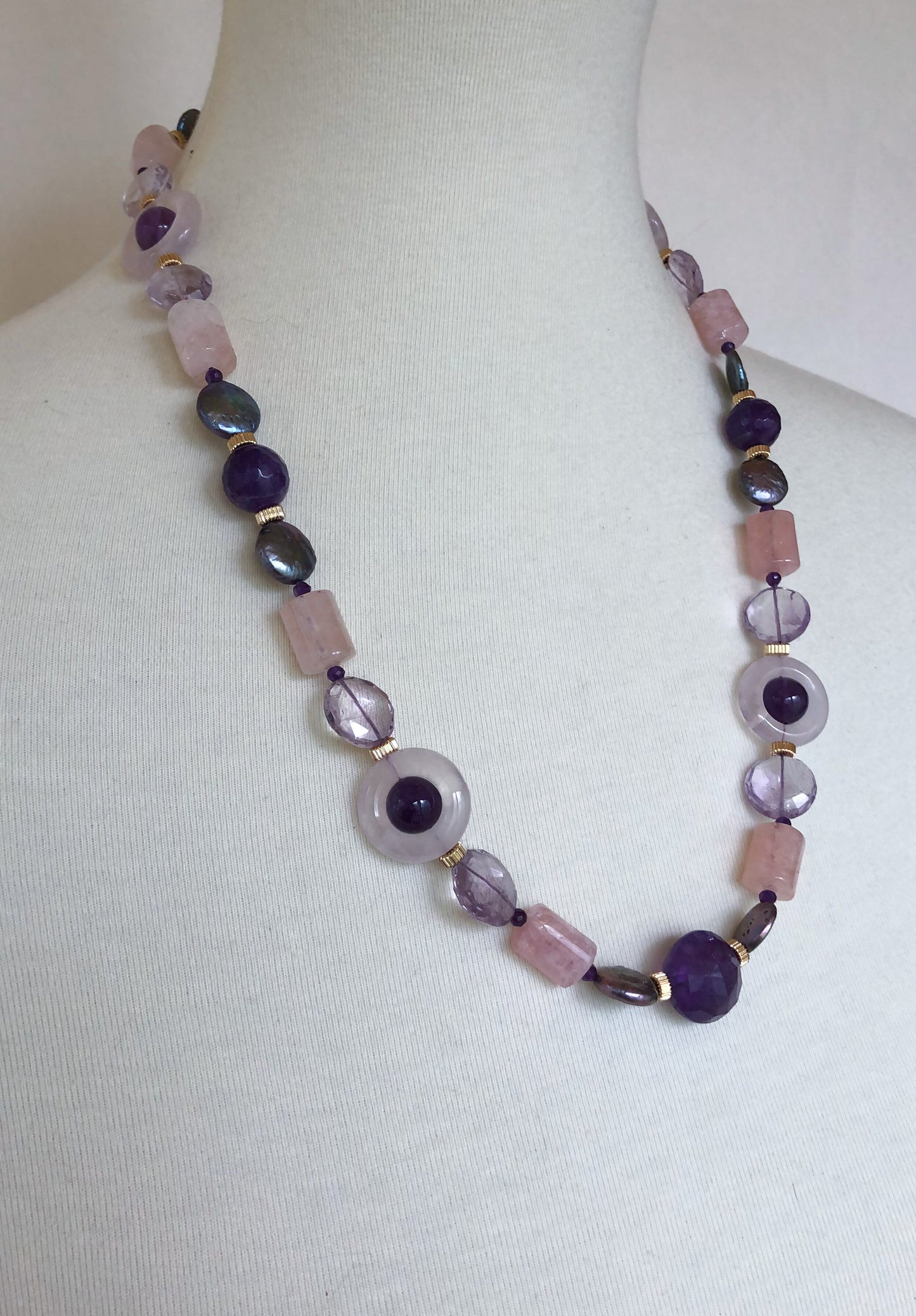 Amethyst, Rose Quartz, Pink Aquamarine & Pearl Necklace with 14k Gold