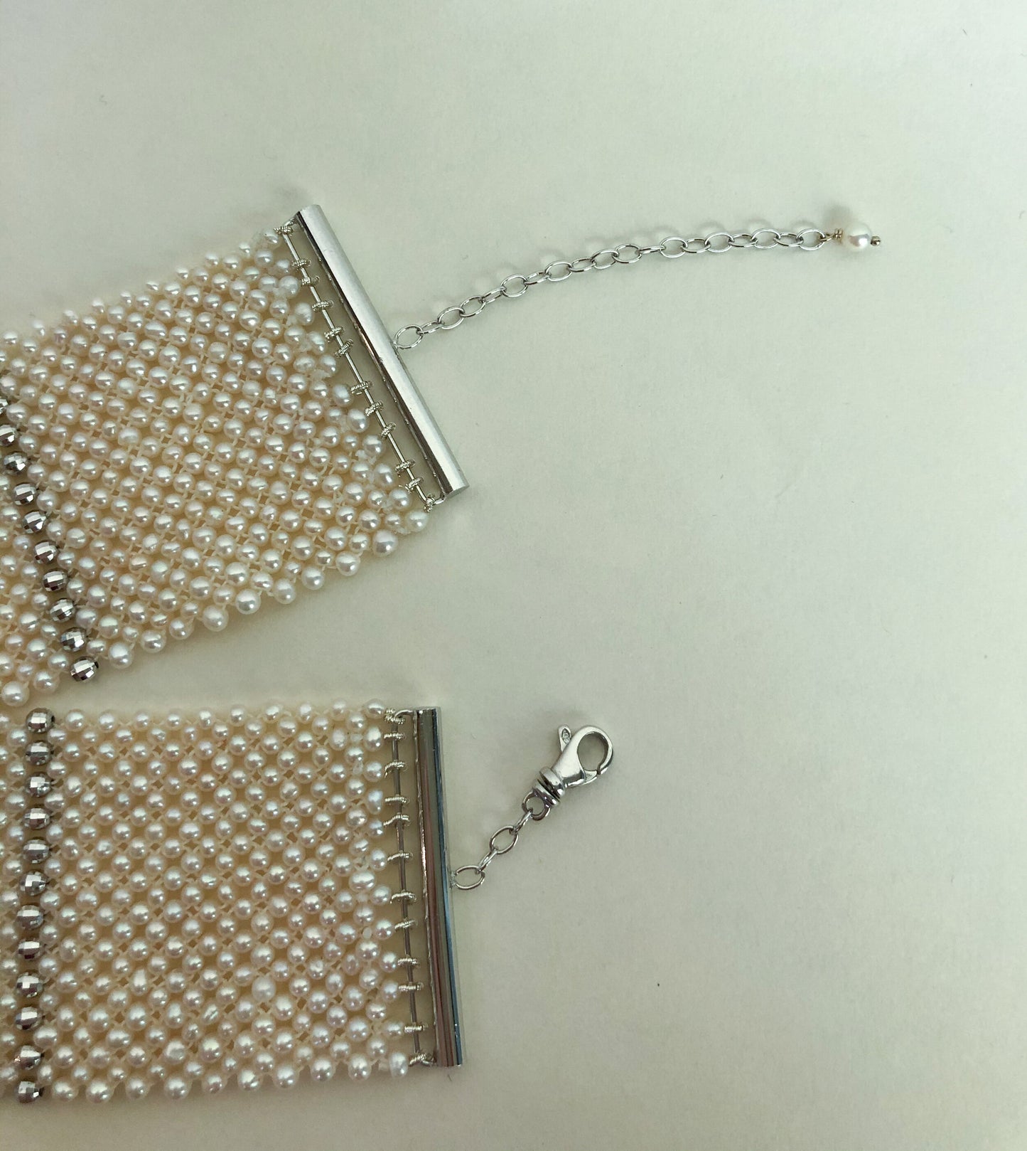 Marina J. Wide Woven Pearl Choker with Silver Beads and Adjustable Clasp