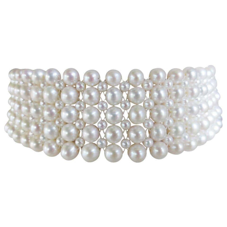 Marina J Multi-Strand Woven Pearl Choker with Rhodium Plated Silver Clasp