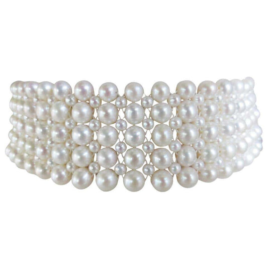 Marina J Multi-Strand Woven Pearl Choker with Rhodium Plated Silver Clasp