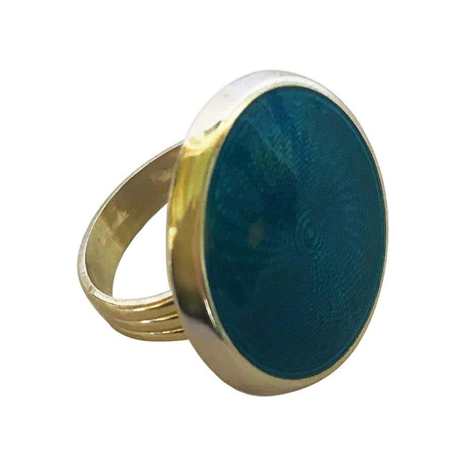 Turquoise Color Enamel Ring with Sterling Silver & 14 Karat Gold Band