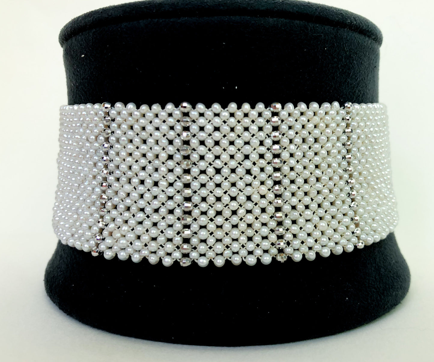Marina J. Wide Woven Pearl Choker with Silver Beads and Adjustable Clasp