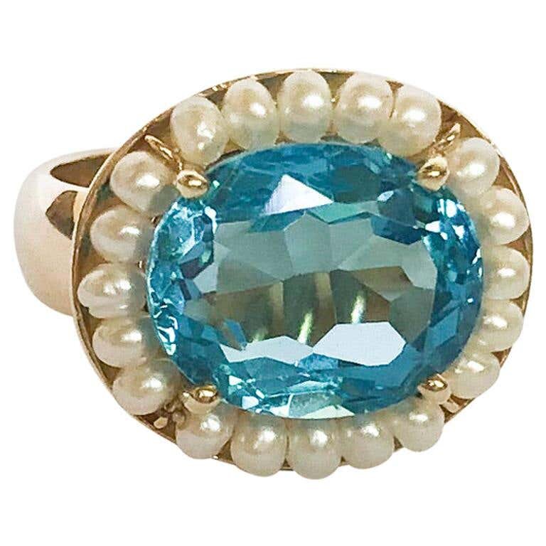 Blue Topaz Ring with Seed Pearls and 14 Karat Gold Band