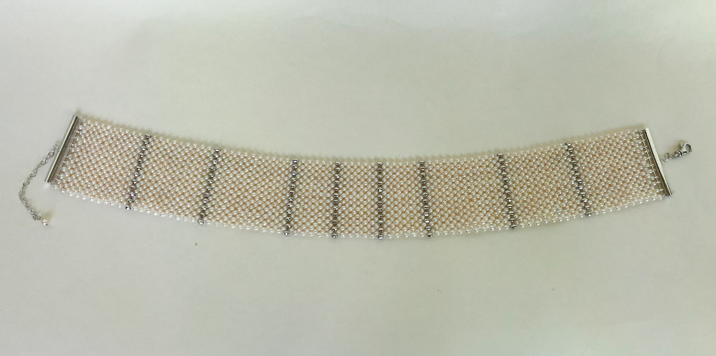 Marina J. Wide Woven Pearl Choker with Silver Beads and Adjustable Clasp