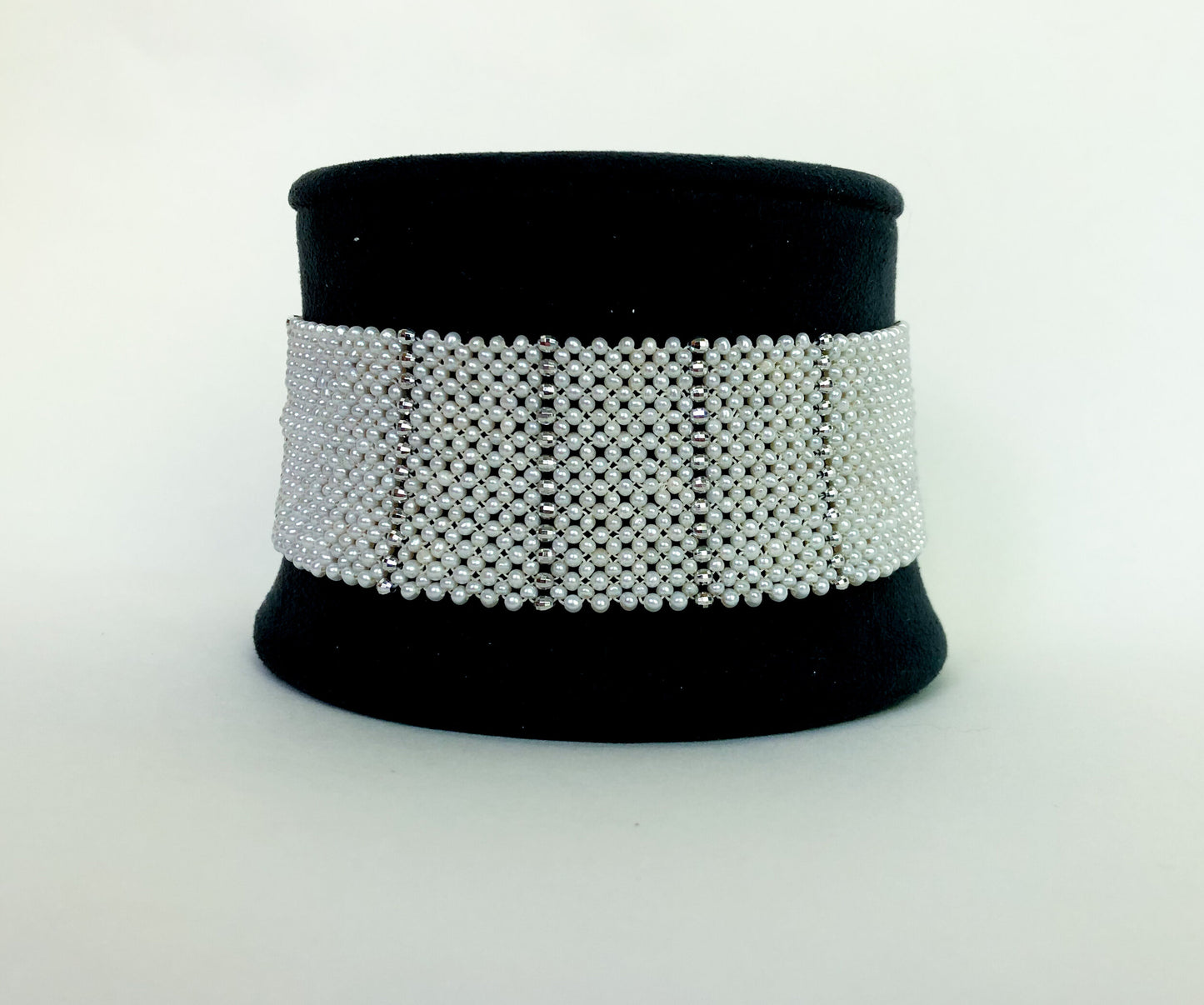 Marina J. Wide Woven Pearl Choker with Silver Beads and Adjustable Clasp