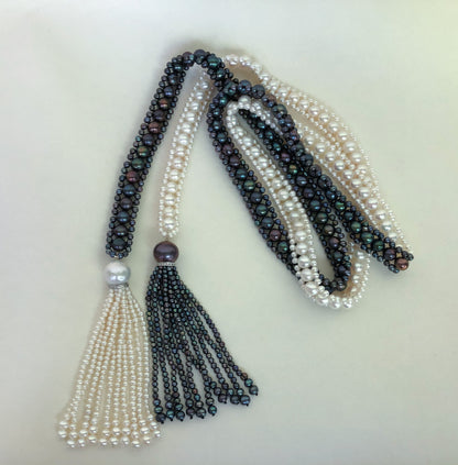Marina J. Art Deco Style Long Woven Black and White Pearl Sautoir Necklace