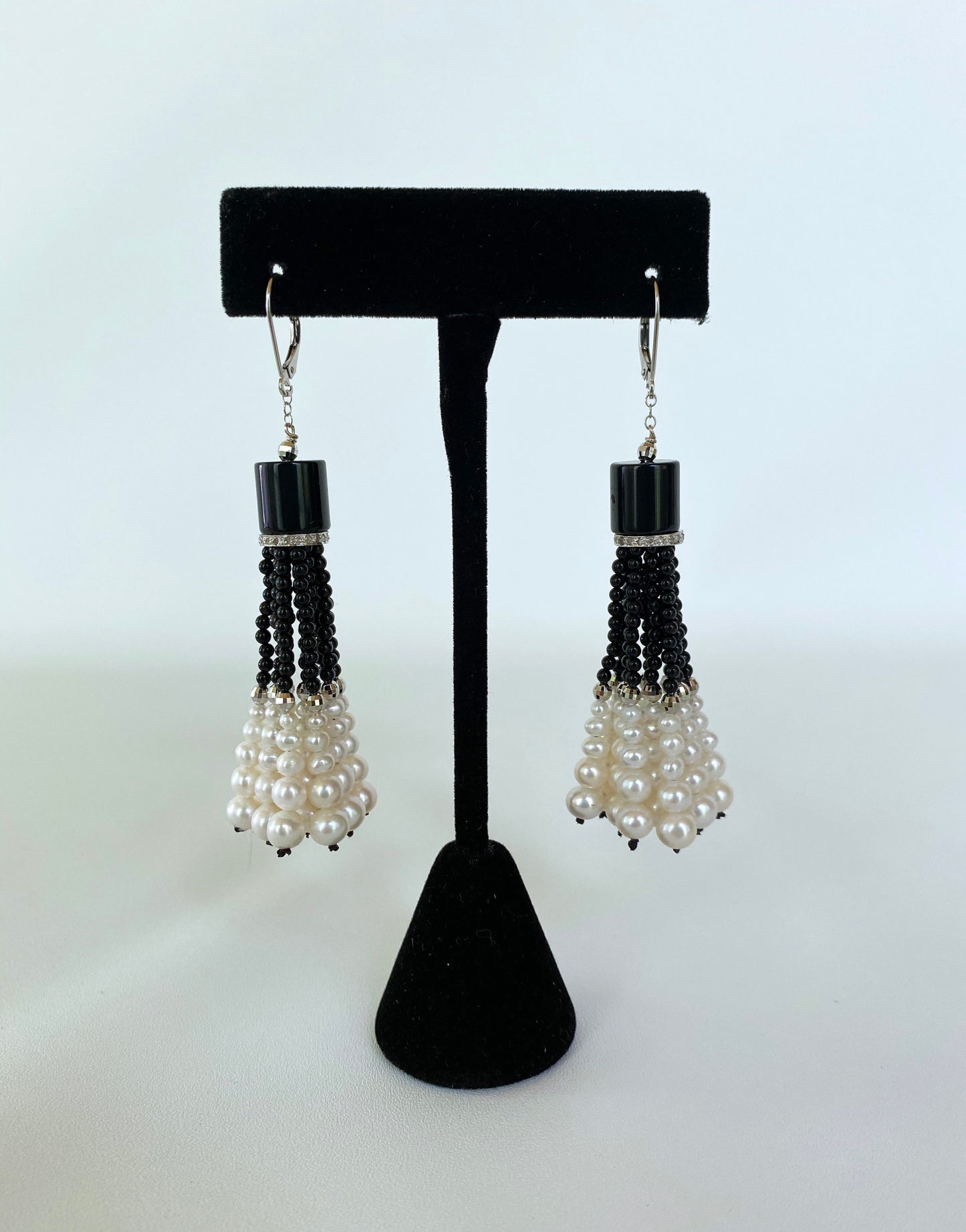 Graduated Black Onyx & Pearl Tassel Earrings 14K White Gold & Diamonds
