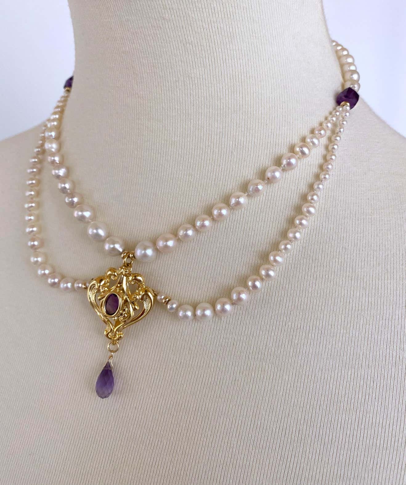Graduated Pearl and Amethyst Necklace with 14K Yellow Gold Plated Centerpiece