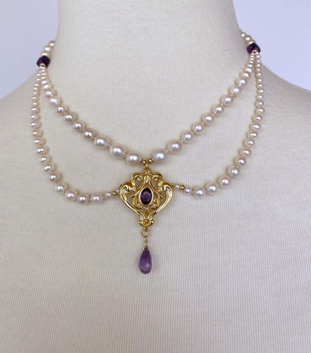 Graduated Pearl and Amethyst Necklace with 14K Yellow Gold Plated Centerpiece