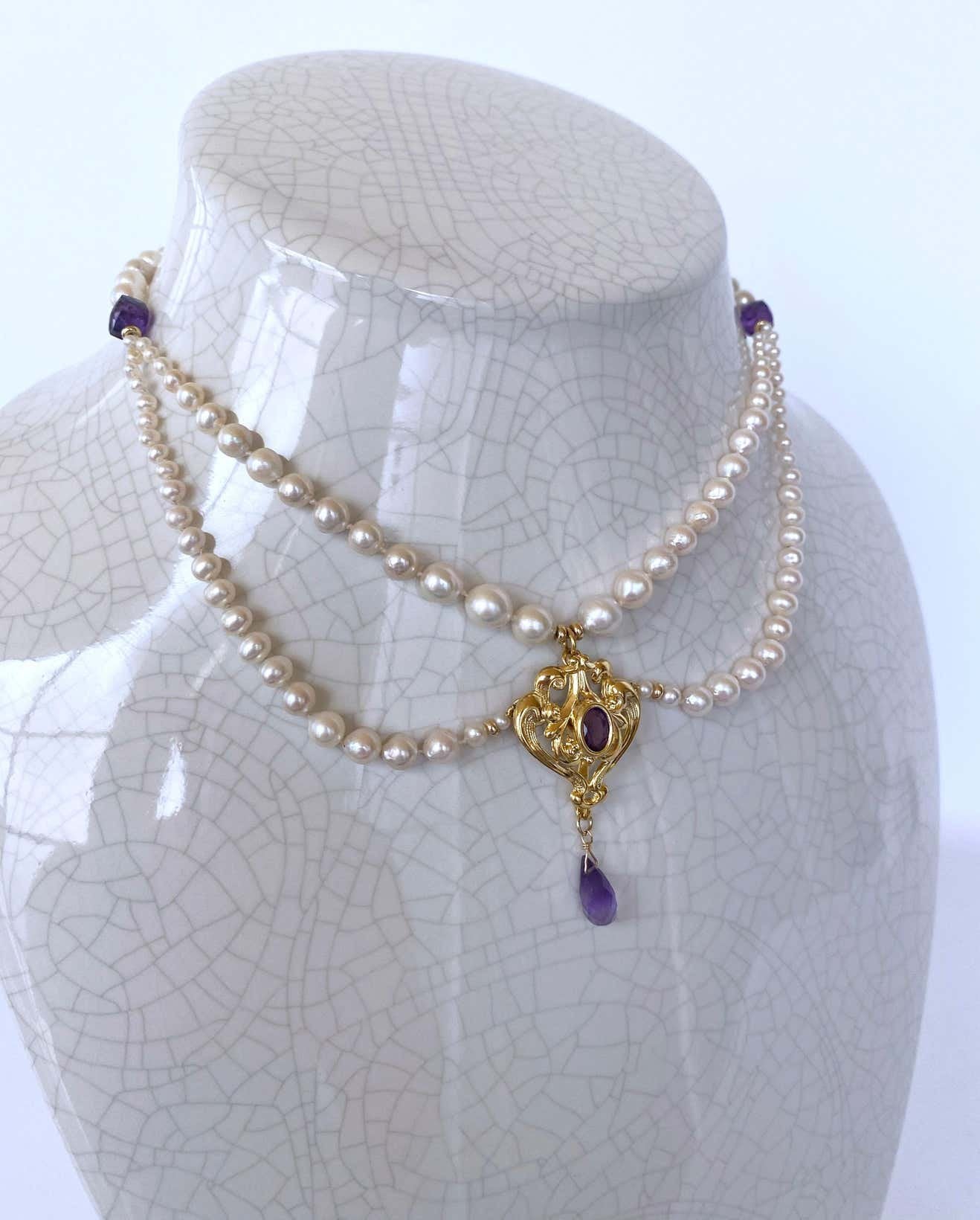 Graduated Pearl and Amethyst Necklace with 14K Yellow Gold Plated Centerpiece