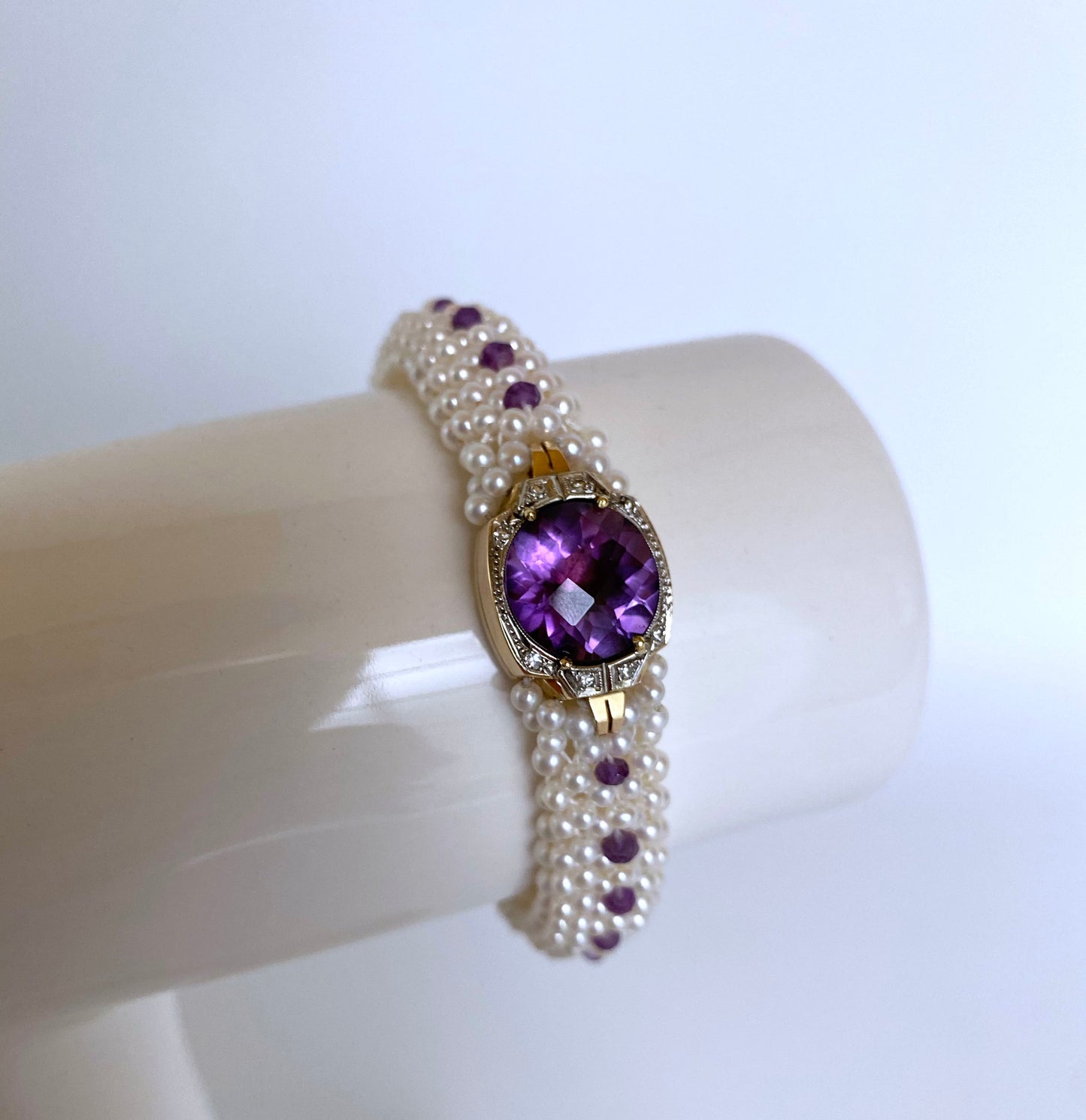 Pearl, Amethyst and Diamond Encrusted Bracelet with 14k Yellow Gold