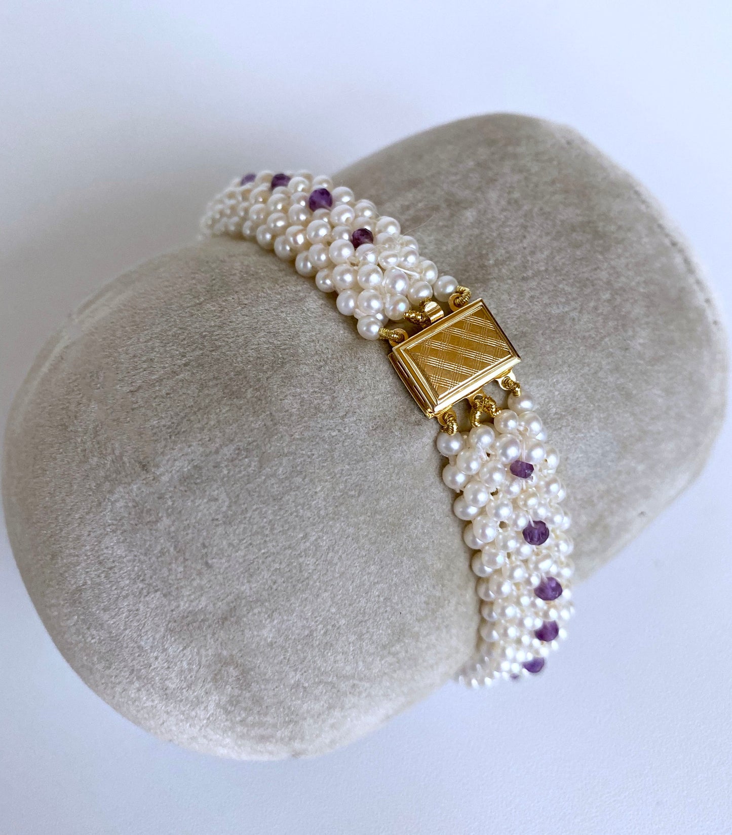 Pearl, Amethyst and Diamond Encrusted Bracelet with 14k Yellow Gold