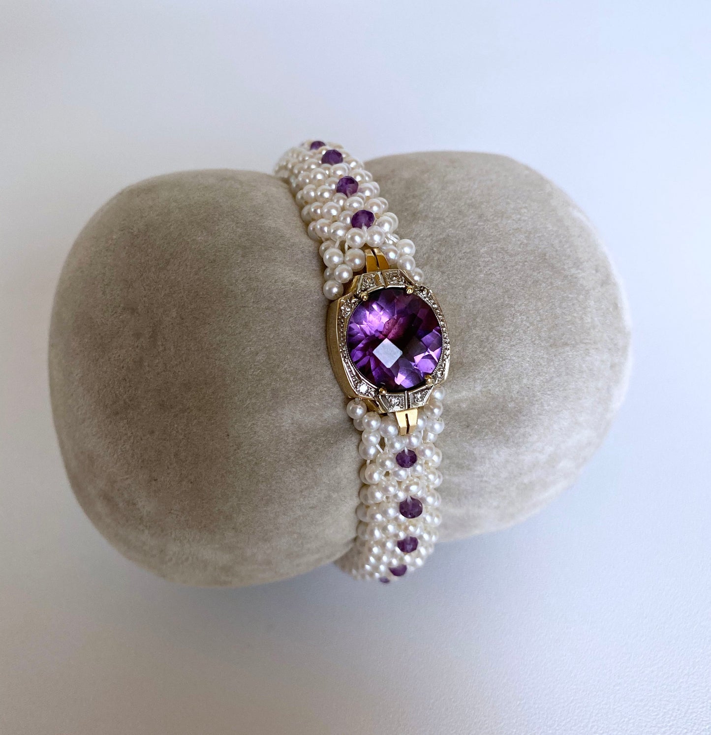 Pearl, Amethyst and Diamond Encrusted Bracelet with 14k Yellow Gold