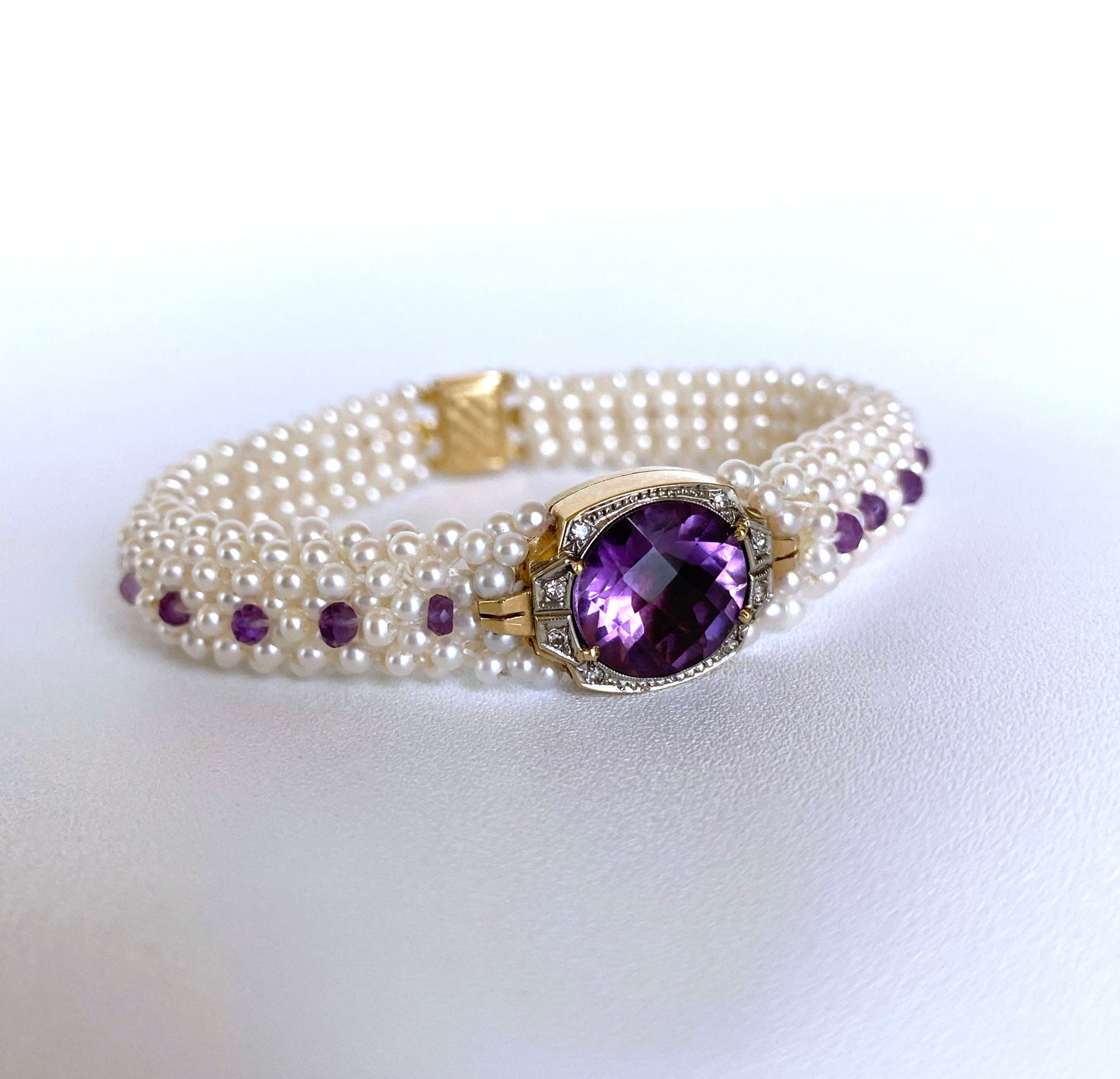 Pearl, Amethyst and Diamond Encrusted Bracelet with 14k Yellow Gold