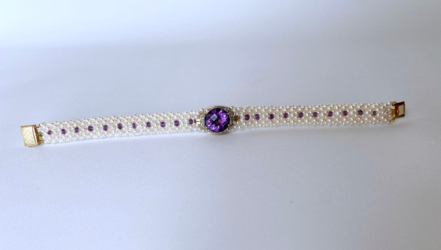 Pearl, Amethyst and Diamond Encrusted Bracelet with 14k Yellow Gold