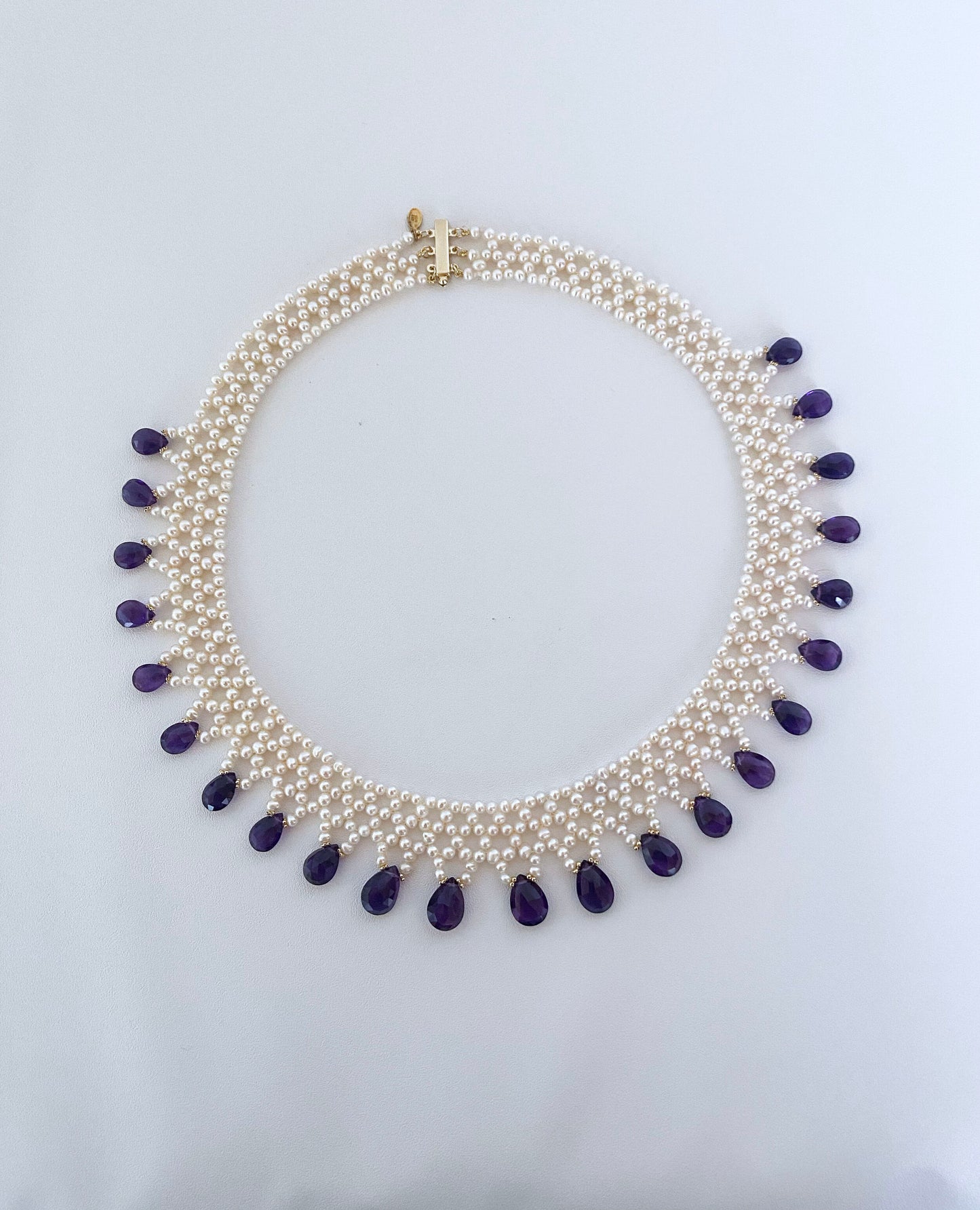 Woven Pearl Necklace with Amethyst Briolettes and 14K Yellow Gold