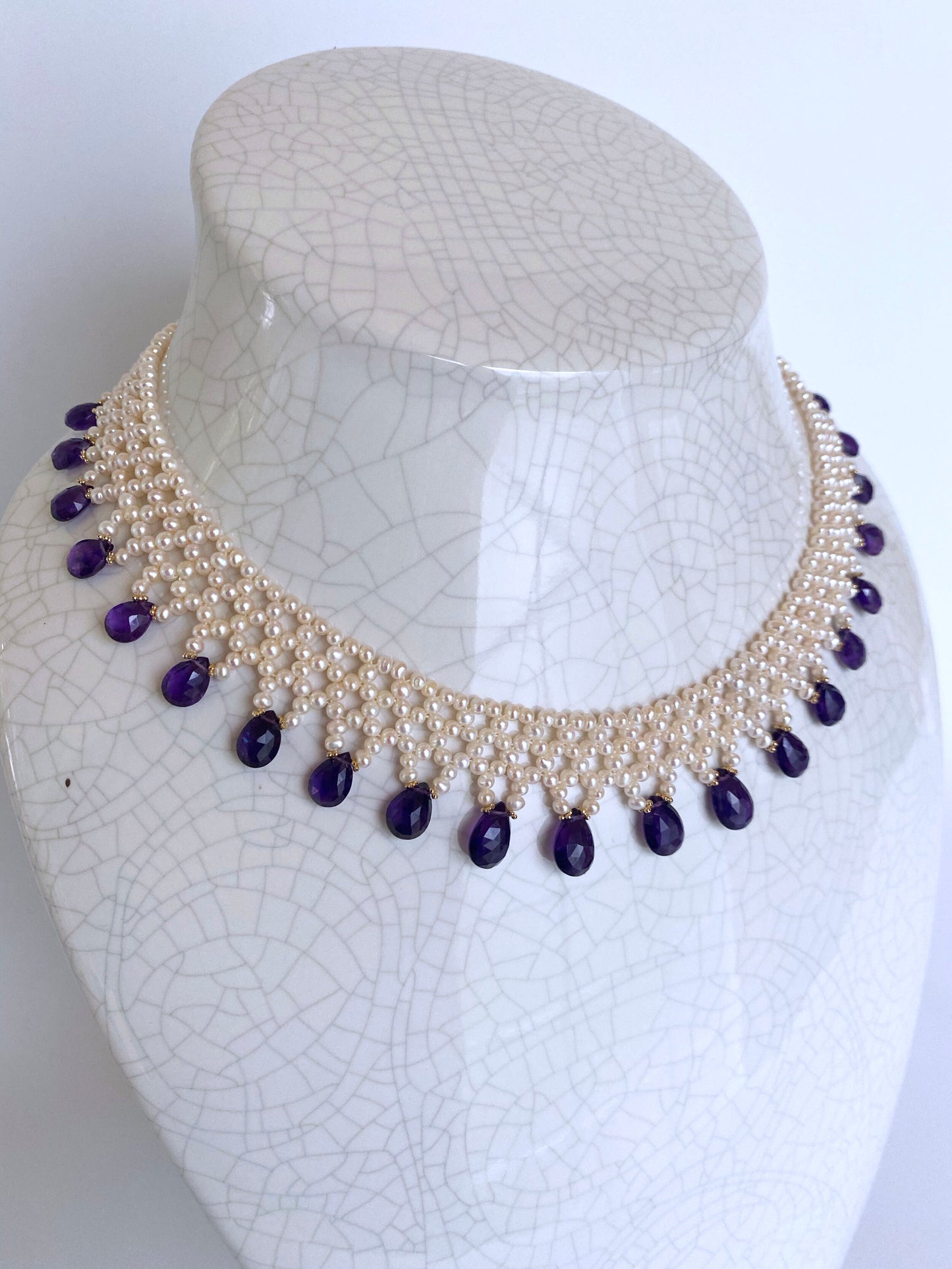 Woven Pearl Necklace with Amethyst Briolettes and 14K Yellow Gold